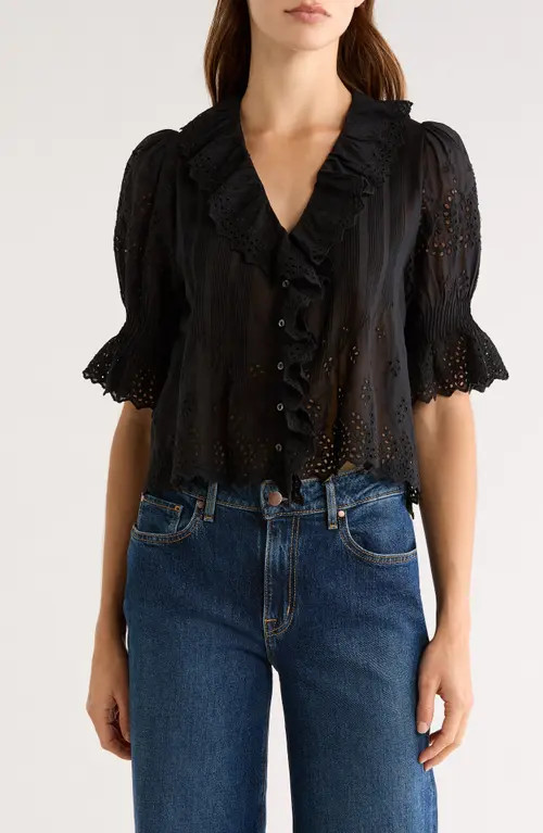 DÔEN Henri Eyelet Trim Organic Cotton Voile Top in Black Eyelet at Nordstrom, Size Small | Nordstrom