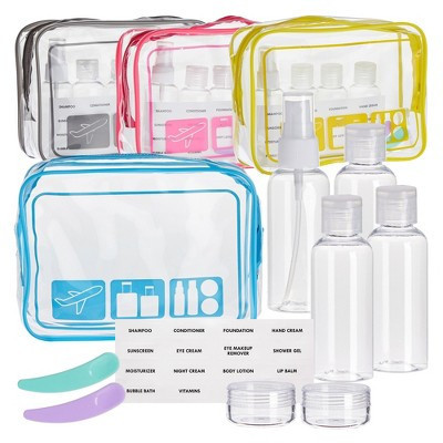 Okuna Outpost Set of 4 TSA Clear Toiletry Bags with Empty TSA Approved Travel Containers For Packing, Assorted Colors | Target