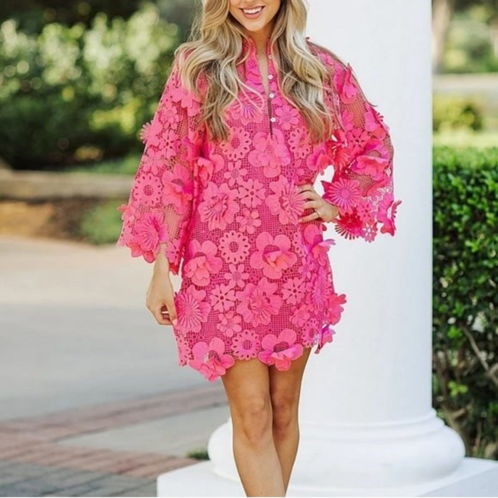 J. Marie Seraphina Hot Pink 3D Floral Lace Mini\u200e Shift Dress Bell Sleeves Size S | Poshmark