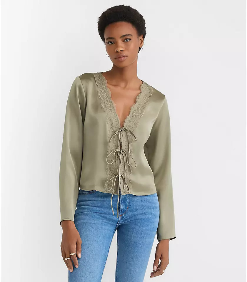 Lace Trim Satin Bow Blouse | LOFT