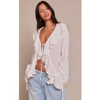 White Chiffon Ruffle Tie Front Blouse | PrettyLittleThing UK