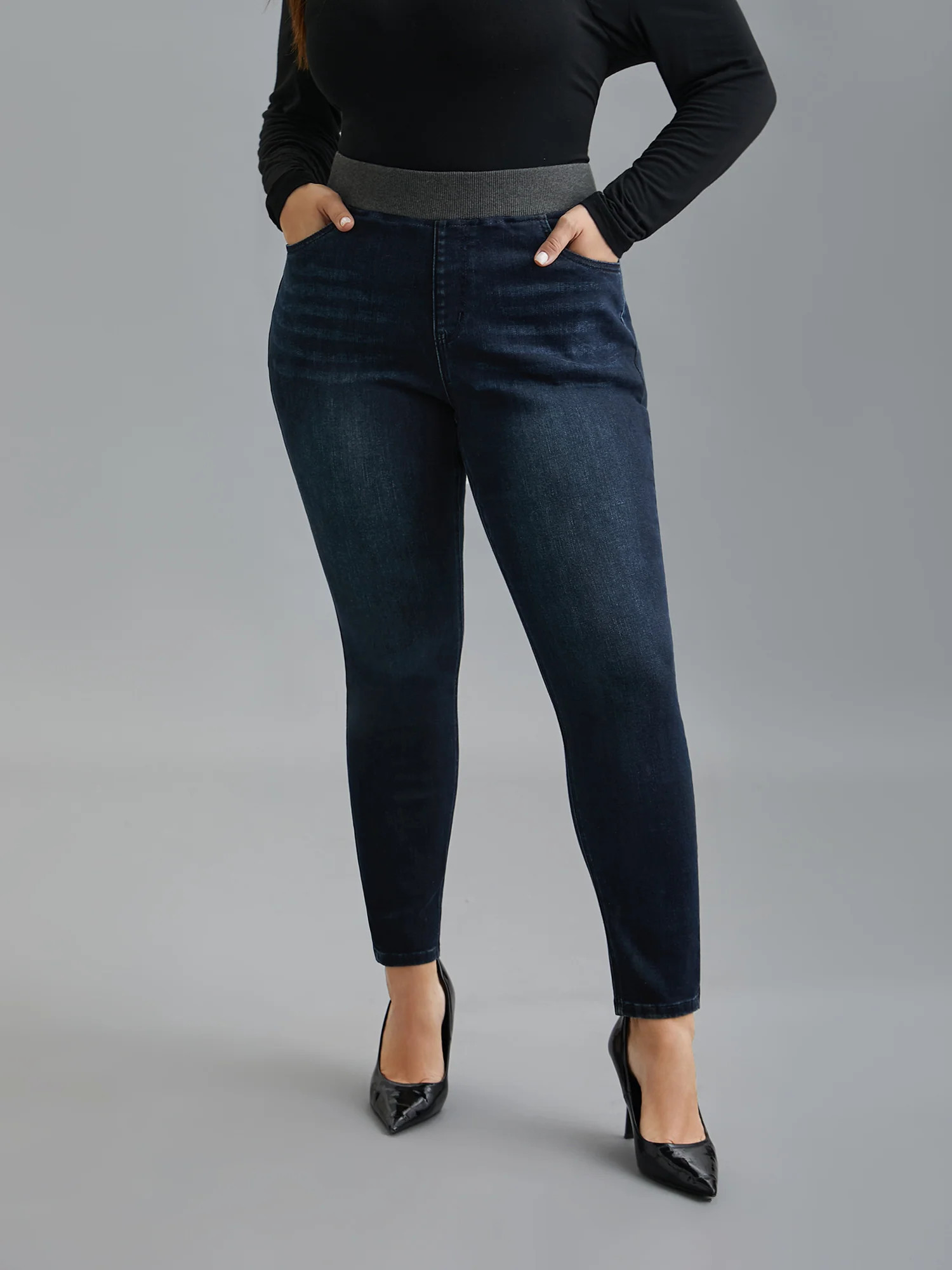 Stretchy Whiskered Waist Skinny Knit Jeans | Bloomchic
