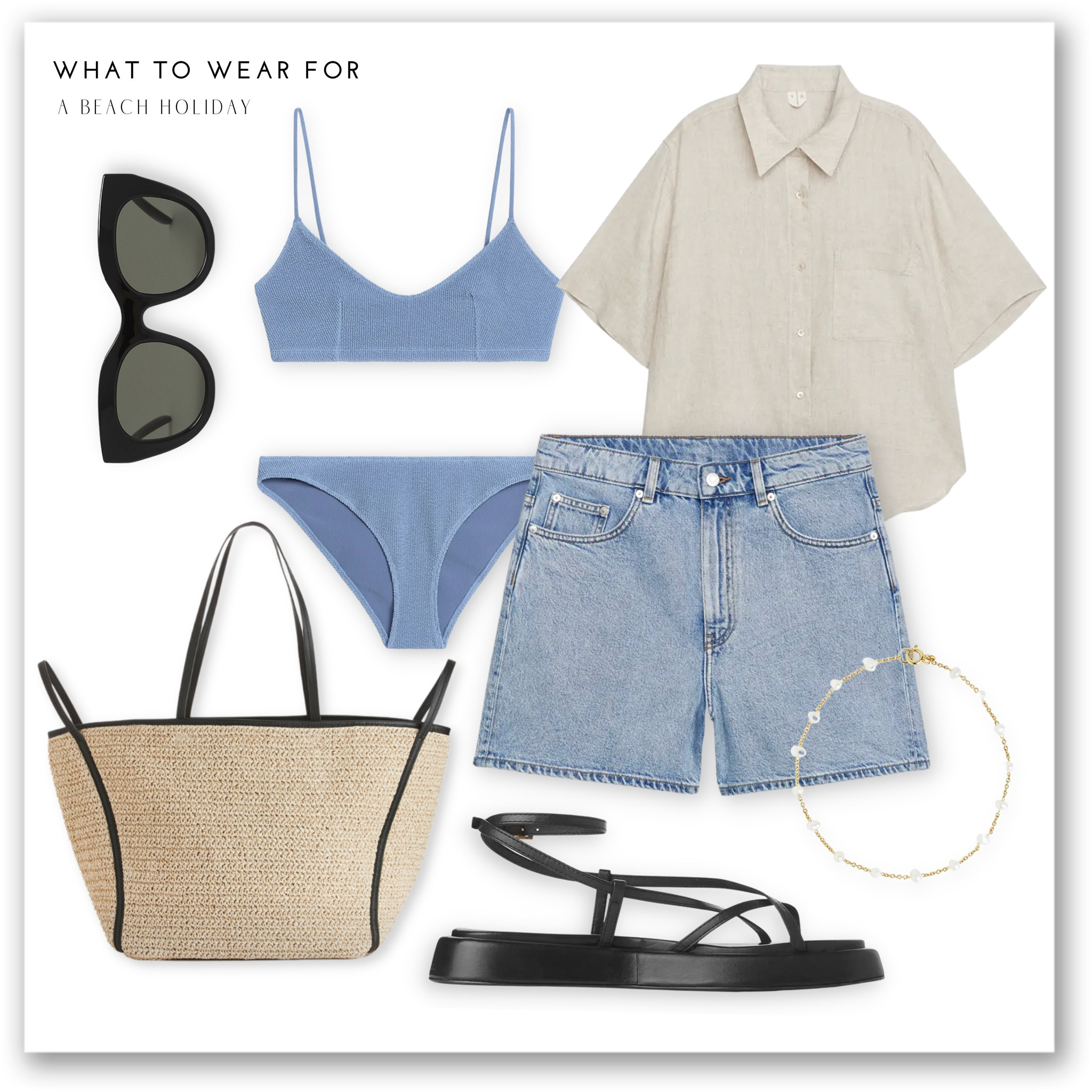 An easy beach holiday outfit ☀️ 

Denim shorts, blue bikini, beach bag, linen shirt, black sandals & sunglasses, pearl bracelet, all from arket ☀️

#LTKSeasonal #LTKstyletip #LTKswim