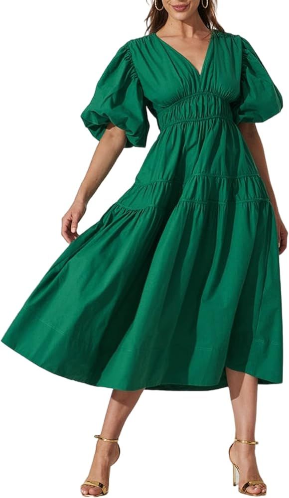 Sissyaki Women's Boho Floral Midi Dress Smocked Beach Flowy Dress Solid Green M | Amazon (US)