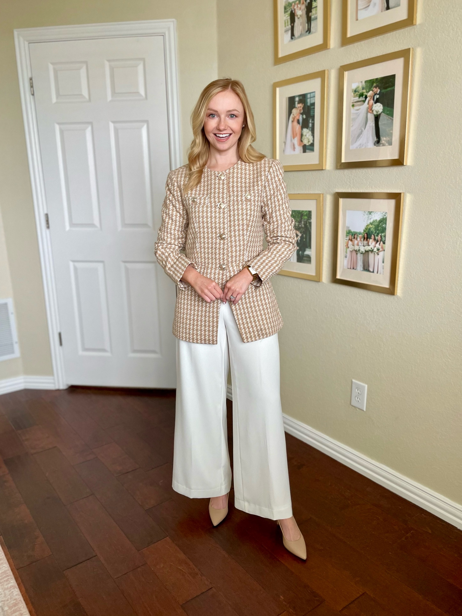 LOVE this houndstooth blazer. I think the split hem is so chic! Wearing a 0 but could definitely use a 0P | workwear, winter work outfit, white pants, white trousers 

#LTKWorkwear #LTKSeasonal #LTKStyleTip