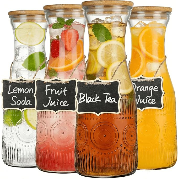 4 Pack Glass Carafe with Lid, 1 Liter Beverage Pitchers Carafes for Mimosa Bar with Bamboo Lids a... | Amazon (US)