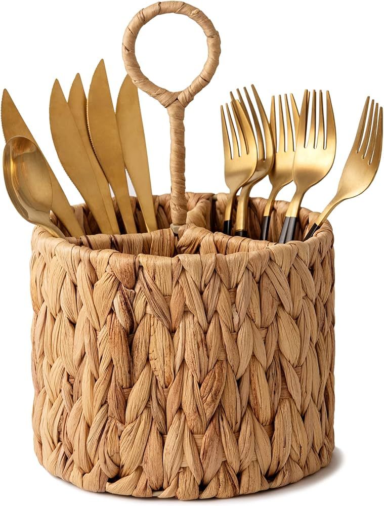 StorageWorks Wicker Flatware Organizer, Hand Woven Water Hyacinth Cutlery Holder for Countertop w... | Amazon (US)