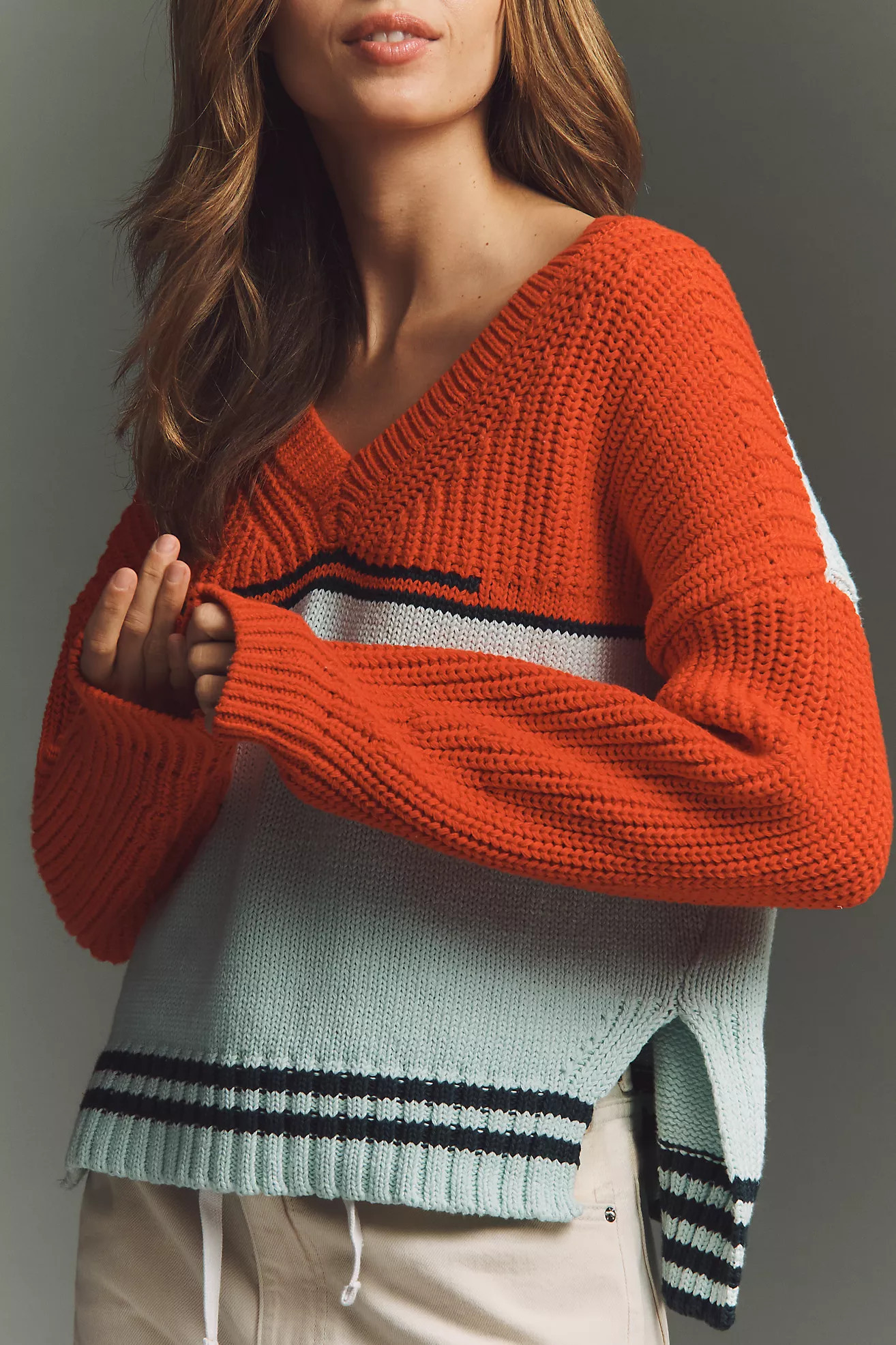 Maeve V-Neck Nautical Linen-Blend Sweater | Anthropologie (US)