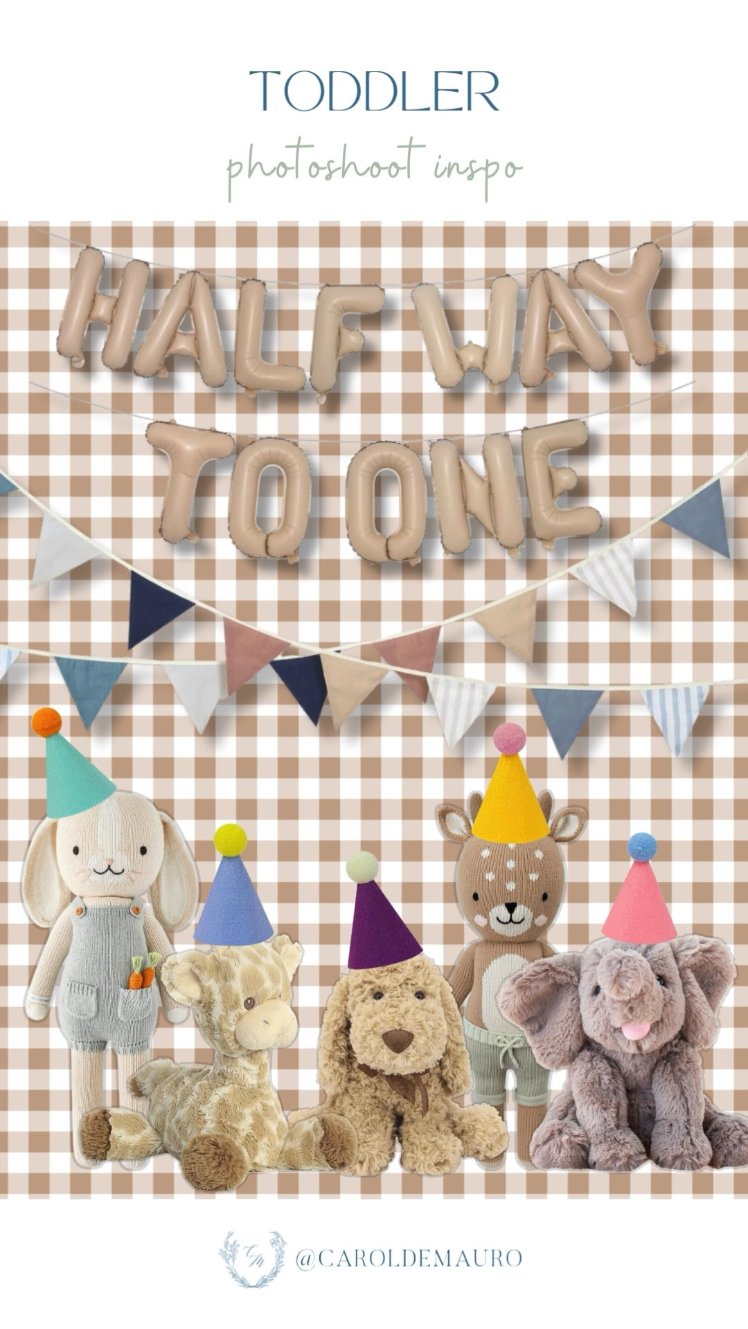 Skip the professional photographer and DIY your next toddler photoshoot with this inspo! All you need is a balloon letter banner, paper flags, a gingham wallpaper backdrop, and the cutest stuffed toys.

amazon finds, mom on a budget, home photoshoot, birthday decor, baby milestones, prop styling, backdrop inspo

#LTKHome #LTKBaby #LTKmomlife