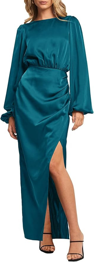 Ferlema Women's Satin Dress Long Sleeve Crew Neck Pleated High Waist Slit Bodycon Formal Wedding ... | Amazon (US)