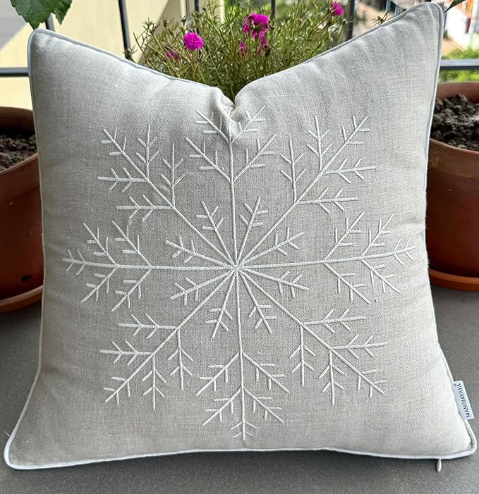 Embroidered Winter Snowflake Christmas Decorative Linen Canvas Square Throw Pillow Cover - Holida... | Amazon (US)