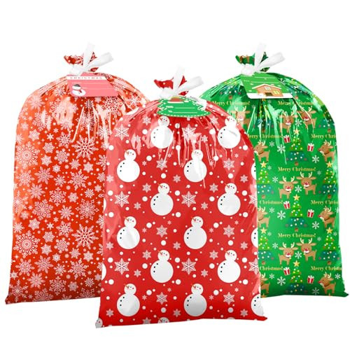 TranquilBliss Large Christmas Gift Bags 3 Oversized Christmas Bags 44"x36" Large Size Plastic Gift Bags with Tag & Tie, Jumbo Large Gift Bags for Presents Christmas, Gift Wrapper, Heavy Duty Gift Sack | Amazon (US)