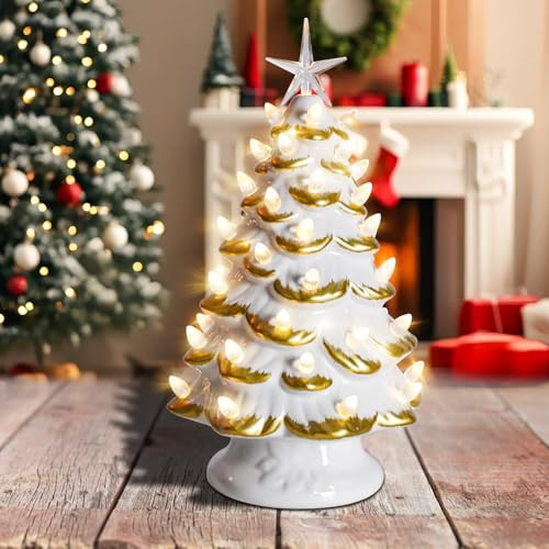 Vipush 12.4" Ceramic Christmas Tree Vintage Ceramic Tree with Star and Multi-Color LED Lights for Xmas Indoor Desk Centerpiece Decor, White | Amazon (US)