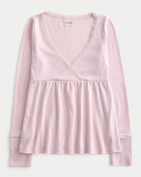 Easy Long-Sleeve Pointelle Babydoll Top | Hollister (US)