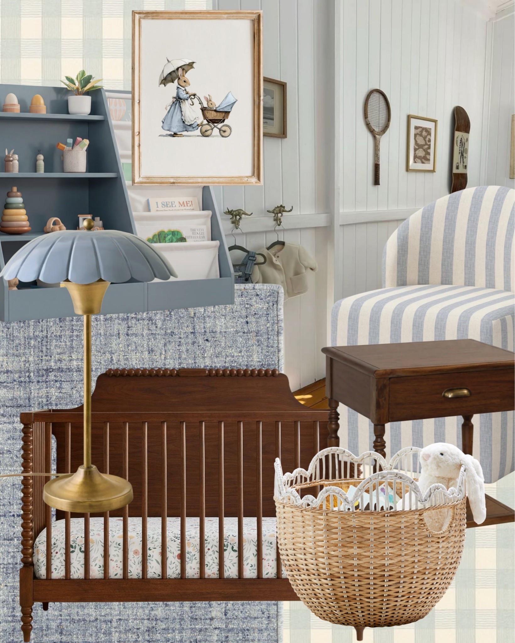 A sweet, timeless nursery made for growing with them. A wall of wainscoting and open shelving for all the small treasures, a striped upholstered chair for late-night feedings, and a warm wood crib that won't look out of place once the nursery days are behind you. Built to feel just as good in year five as it does on day one.

All linked here 🤍 #LTKhome