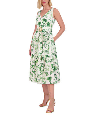 Vince Camuto Petite Printed V-Neck Belted Cotton Midi Dress - Macy's | Macy's
