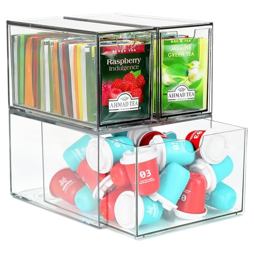 3 Tea and Coffee Organizer and Storage, Acrylic Tea Bag Holder Organizer, Plastic K Cup Drawer Co... | Amazon (US)