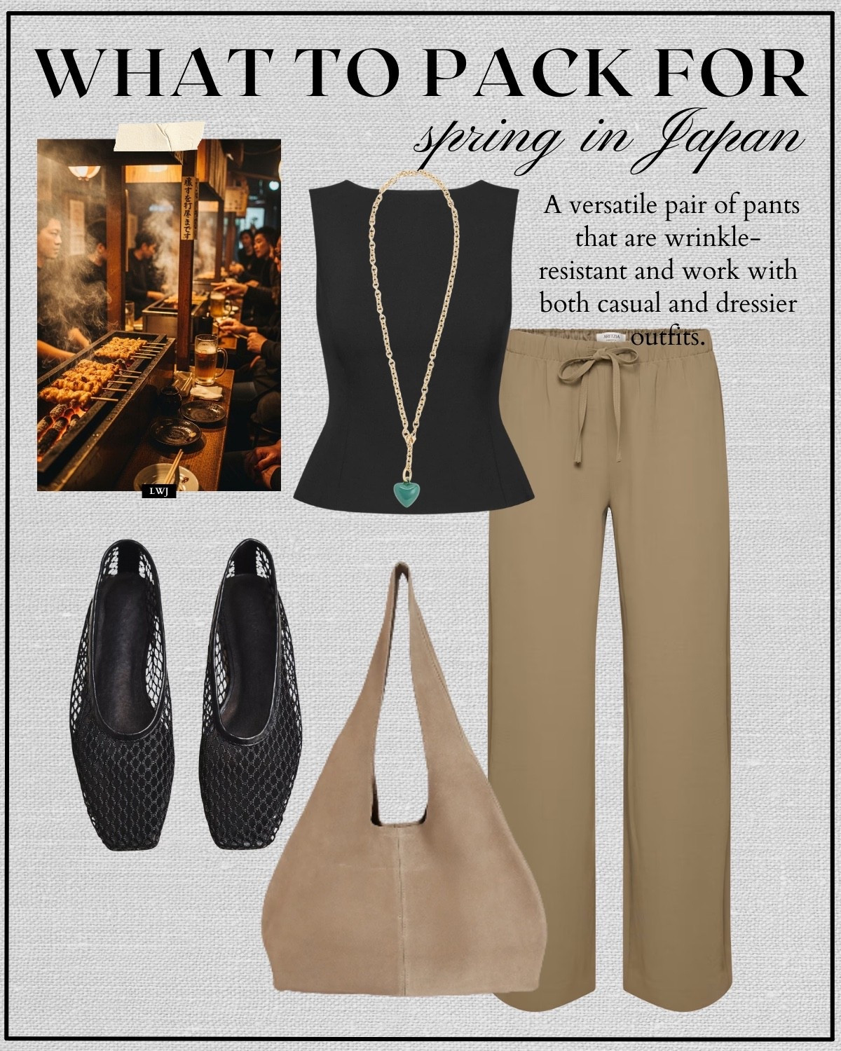 Japan spring outfit 

Spring travel / spring style / dressy outfit / dinner outfit / black peplum top / aritzia lodge pants / pull on pants / black woven flats / beige suede tote / pendant necklace 

#LTKTravel