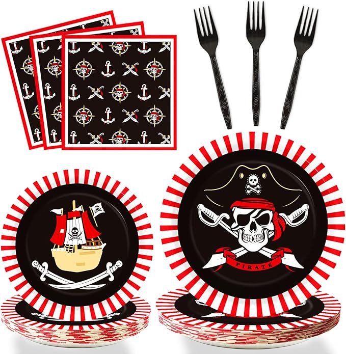 ZOIIWA 96pcs Pirate Tableware Set Pirate Party Decorations Pirate ship Bone Dinnerware Supplies f... | Amazon (US)