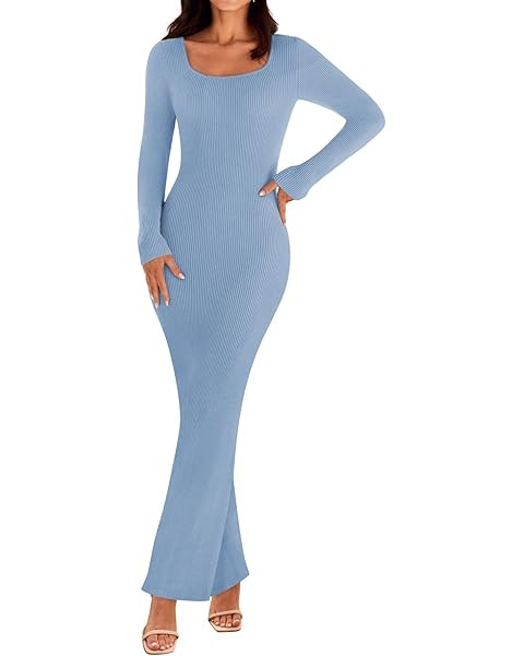MEROKEETY Women's 2024 Long Sleeve Bodycon Sweater Dress Fall Crew Neck Ribbed Knit Maxi Dresses | Amazon (US)