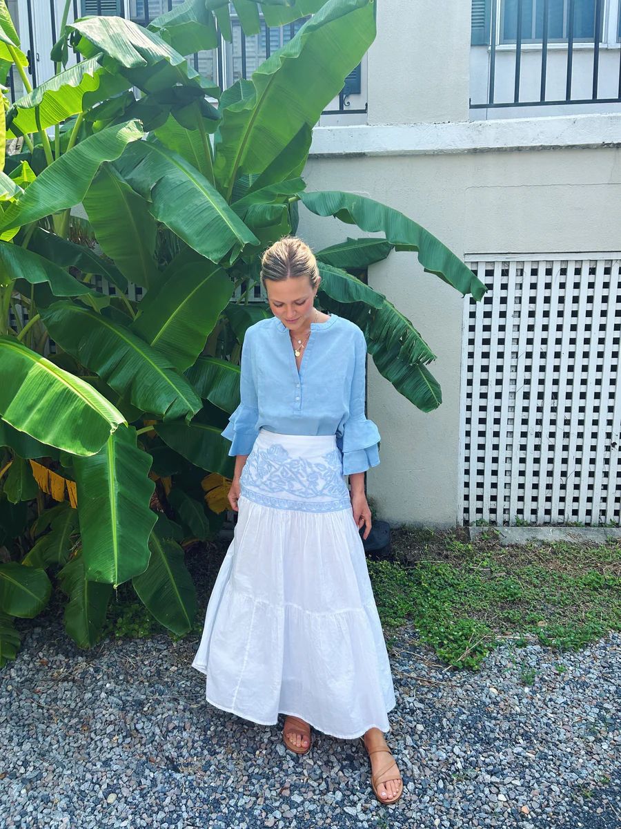 Diane Shirt Ruffle Sleeve Sky Blue Linen | Madison Mathews