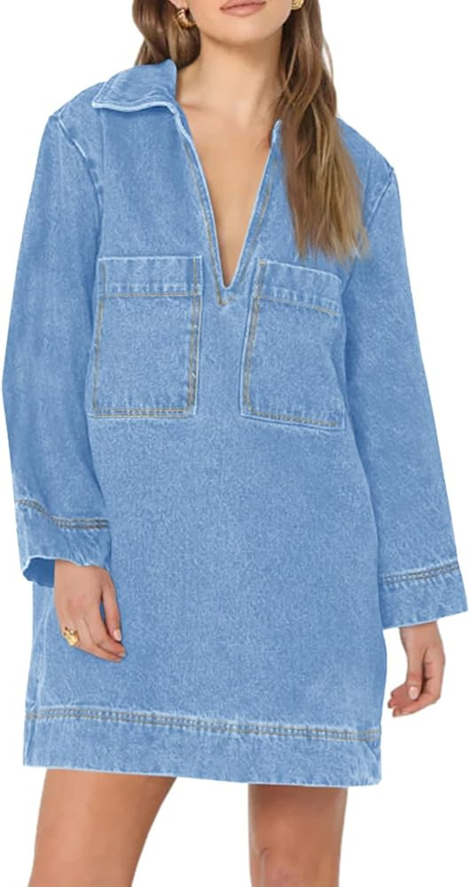 Wenrine Womens Denim Shirt Dress Long Sleeve V Neck Loose Casual Jean Mini Dress with Pockets | Amazon (US)