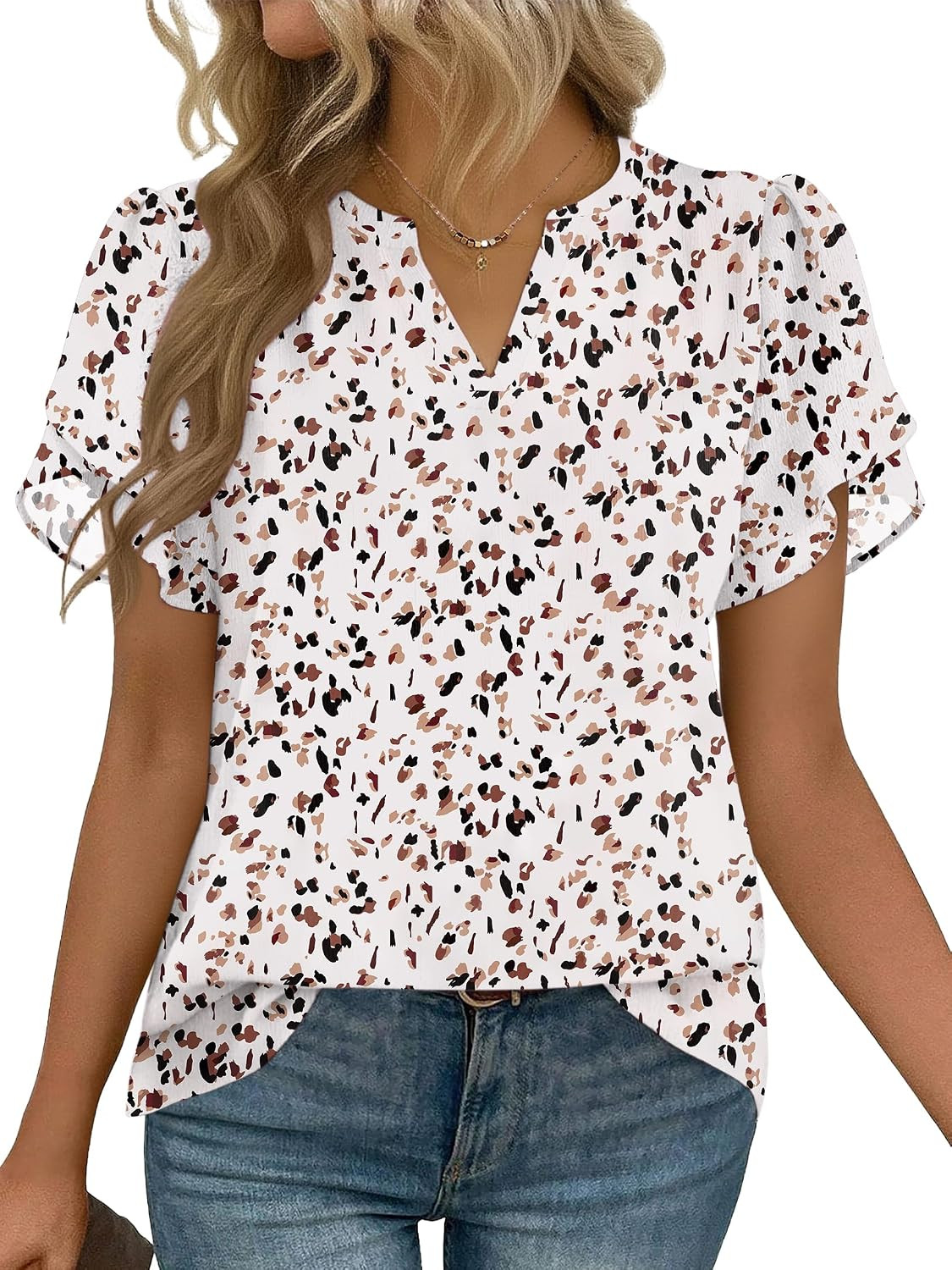 Zeagoo Womens Dressy Casual Chffon Shirts Short Sleeve V Neck Work Blouse | Amazon (US)