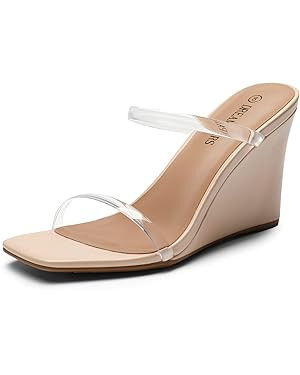 DREAM PAIRS Women's Slides Wedge Sandals Two Strap Square Open Toe Dress Shoes | Amazon (US)