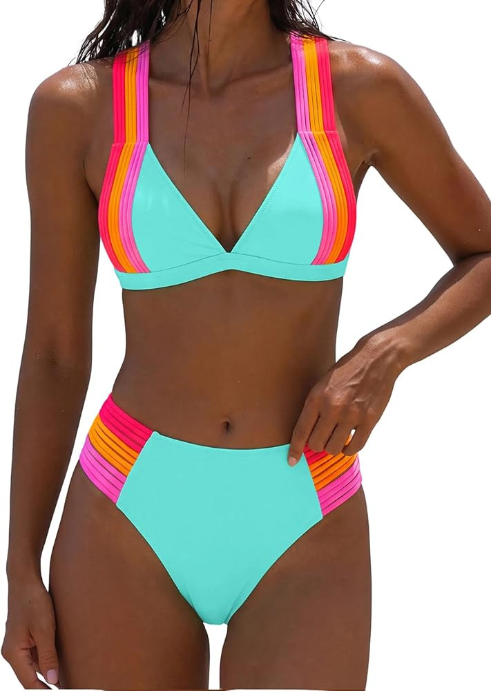 popvil High Waisted Bikini Sets for Women Color Block Two Piece Neon Swimsuits Crisscross Back Ba... | Amazon (US)