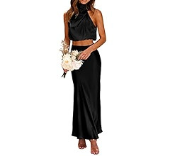 PRETTYGARDEN Women's 2 Piece Satin Outfits Summer Sleeveless Mock Neck Crop Tops And Long Skirt D... | Amazon (US)