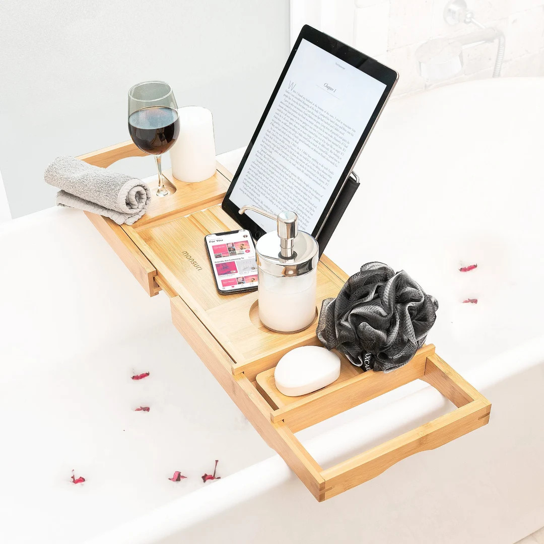 Bamboo Bath Caddy Tray for Tub: Luxury At-Home Spa Bathtub Tray with Wine Glass Holder and Book S... | Etsy (Global)