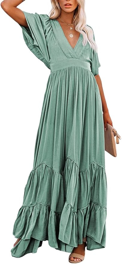 TOLENY Women's Summer Bohemian Dress V Neck Batwing Sleeve Swing Party Maxi Boho Dress | Amazon (US)