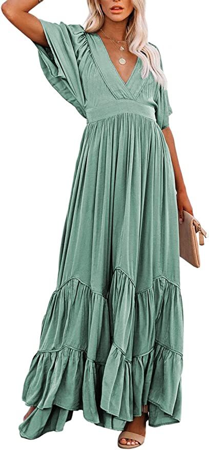 TOLENY Women's Summer Bohemian Dress V Neck Batwing Sleeve Swing Party Maxi Boho Dress | Amazon (US)