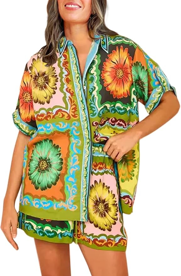 Peaceglad Women's Print 2 Piece Pajama Set Short Sleeve Button Down Tops Drawstring Shorts Lounge... | Amazon (US)