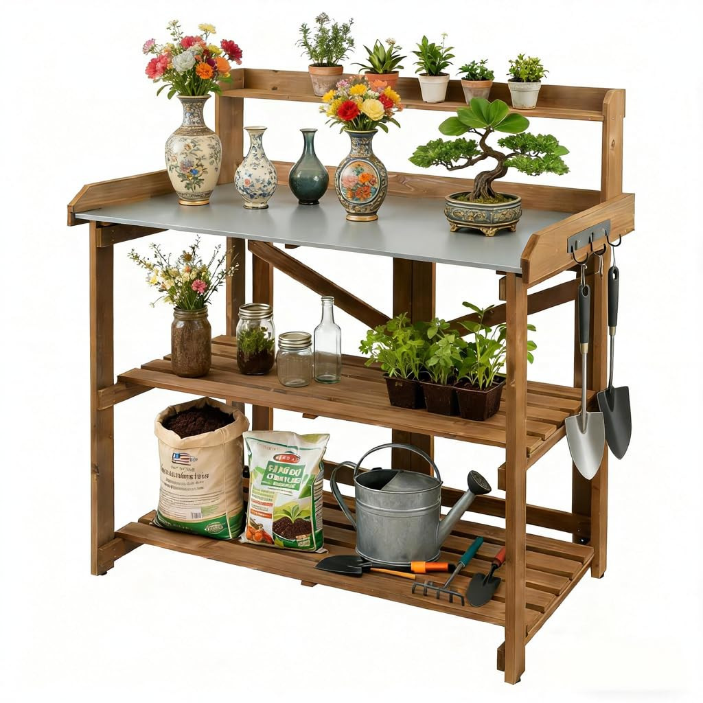 Outdoor Potting Bench Table, Wooden Garden Work Station with Metal Table Top, Metal Hooks, Large ... | Amazon (US)