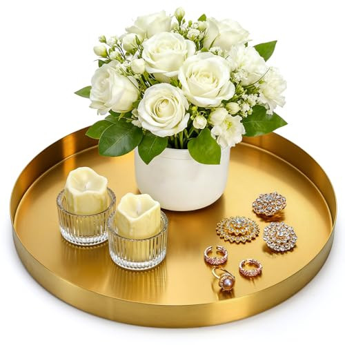 Jucoan 12 Inch Round Gold Tray, Decorative Dresser Vanity Tray Makeup Organizer for Jewelry Perfume Candle, Stainless Steel Metal Serving Platter Coffee Table Tray for Home Kitchen Bar | Amazon (US)