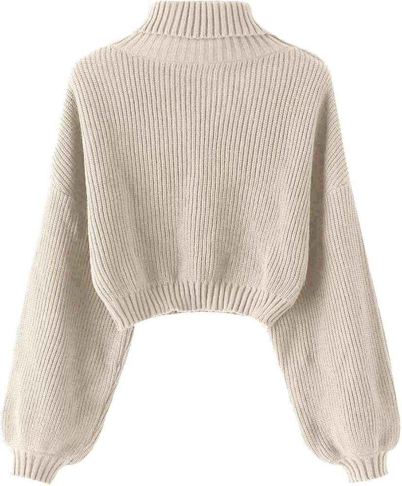 ZAFUL Women's Crew Neck Long Sleeve Pullover Crop Sweater Mock Neck Lantern Sleeve Ribbed Knit Cr... | Amazon (US)