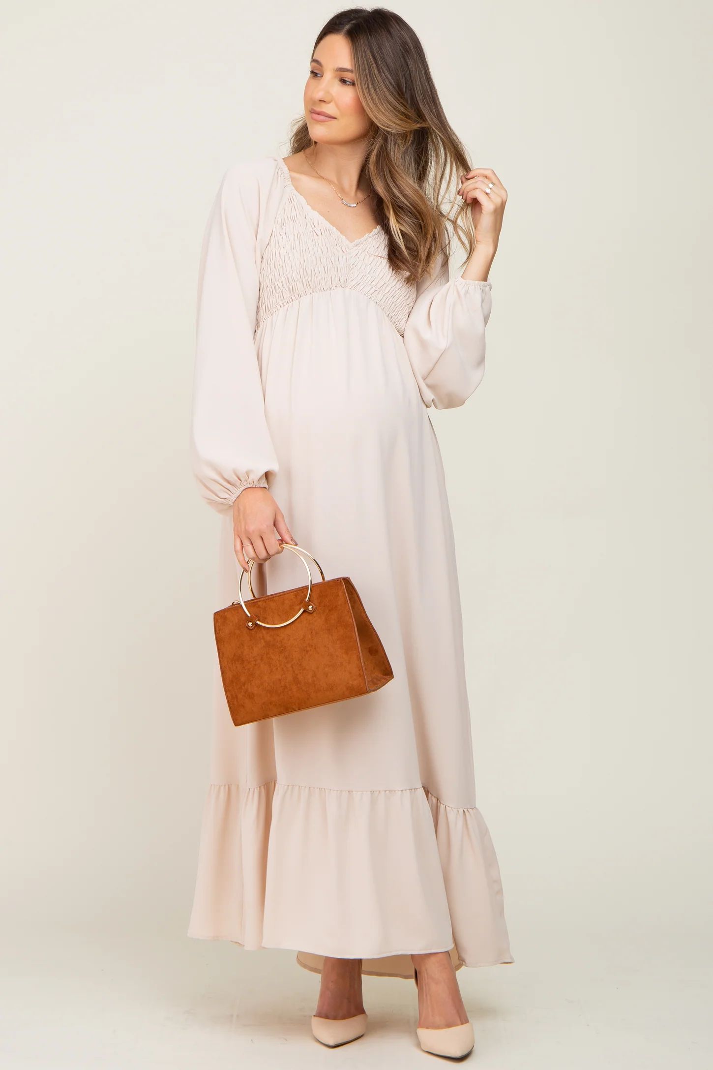 Ivory Smocked Balloon Sleeve Maternity Maxi Dress | PinkBlush Maternity