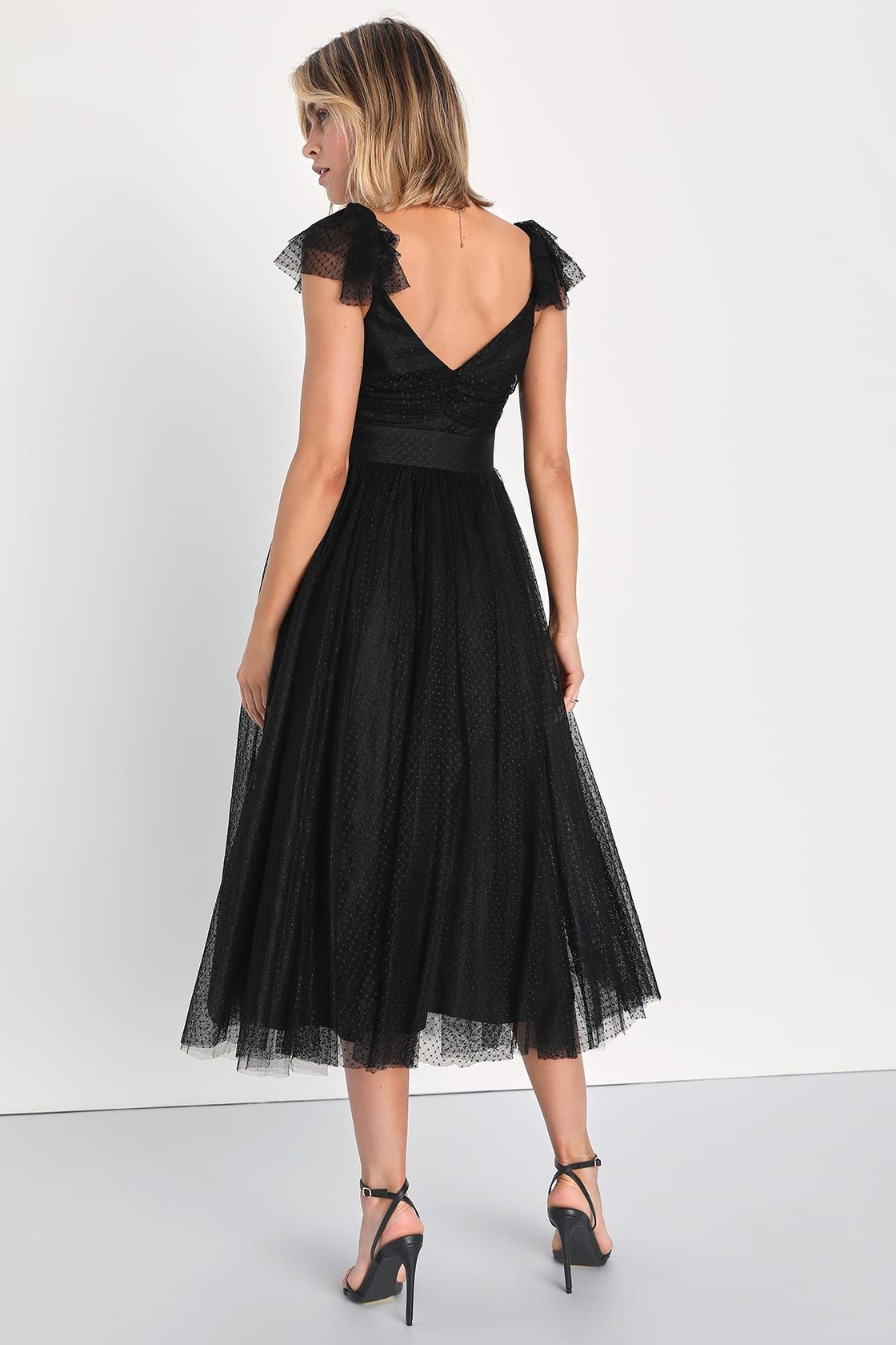 Flirtatious Feeling Black Tulle Flutter Sleeve A-Line Midi Dress | Lulus (US)