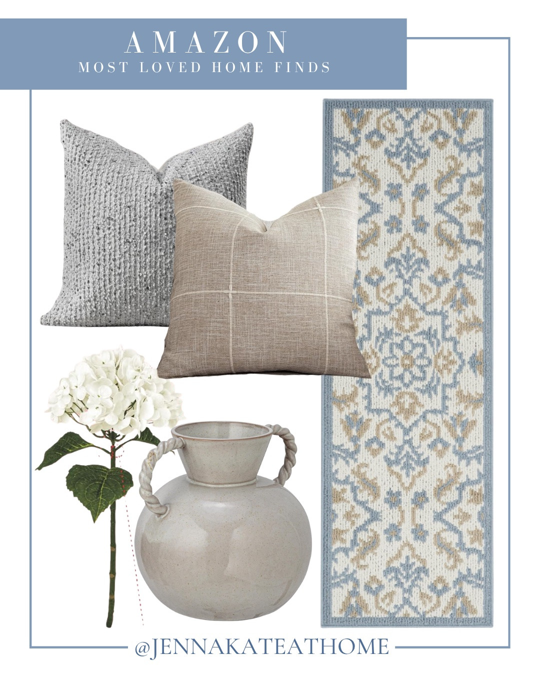 Amazon most loved home finds include runner rug, throw pillows, vase, and hydrangea stem.

Looks for less, home decor, coastal home, styled home finds

#LTKSaleAlert #LTKHome #LTKSeasonal
