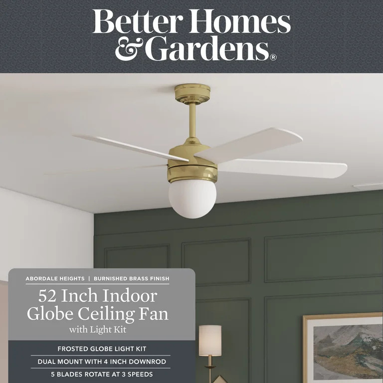 Better Homes & Gardens 52" Brass Modern Ceiling Fan with 5 Blades, Light Kit, Remote & Reverse Ai... | Walmart (US)