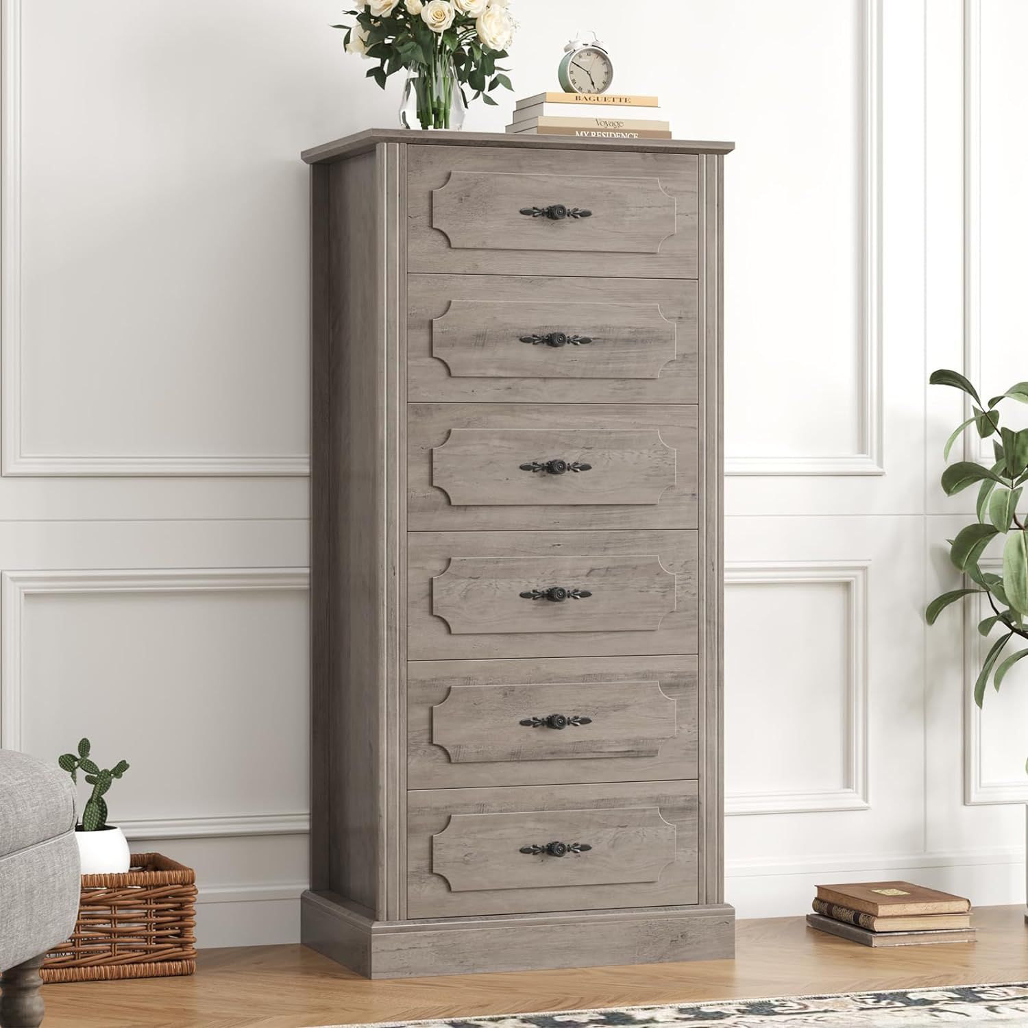 finetones 6 Drawer Grey Dresser, 51" Tall Dresser Wood Dresser Chest of Drawers with Large Storag... | Amazon (US)