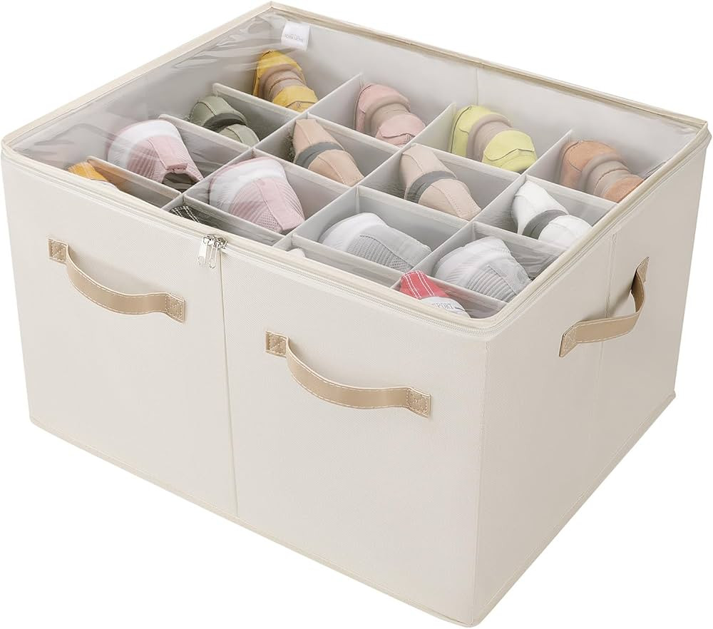 Shoe Organizer for Closet, Foldable Shoe Box with Adjustable Dividers and Clear Cover, Space Savi... | Amazon (US)