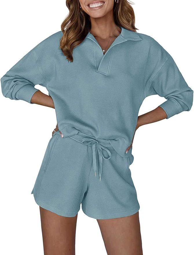 MEROKEETY Women's 2 Piece Waffle Knit Lounge Sets Long Sleeve Shorts Outfits Pjs with Pockets | Amazon (US)