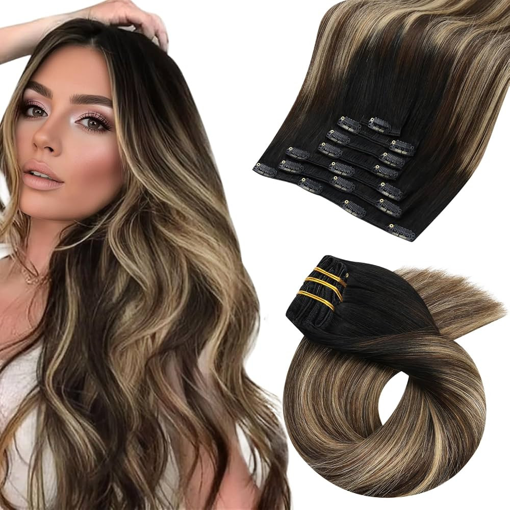 Moresoo Clip in Hair Extensions Real Human Hair Balayage Double Weft Human Hair Clip in Extension... | Amazon (US)