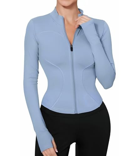 Long Sleeve Workout Tops Zip Up Jackets for Women Lightweight Athletic Tops Slim Fit Yoga Jacket with Thumb Holes, Women's Sport Shirts Blue 2XL | Amazon (US)