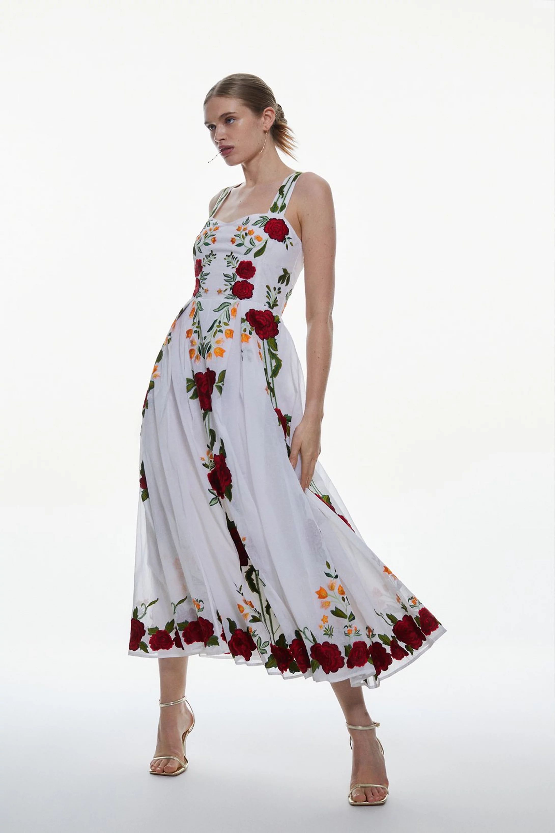 Rose Embroidered Cotton Organdie Midi Dress | Karen Millen US