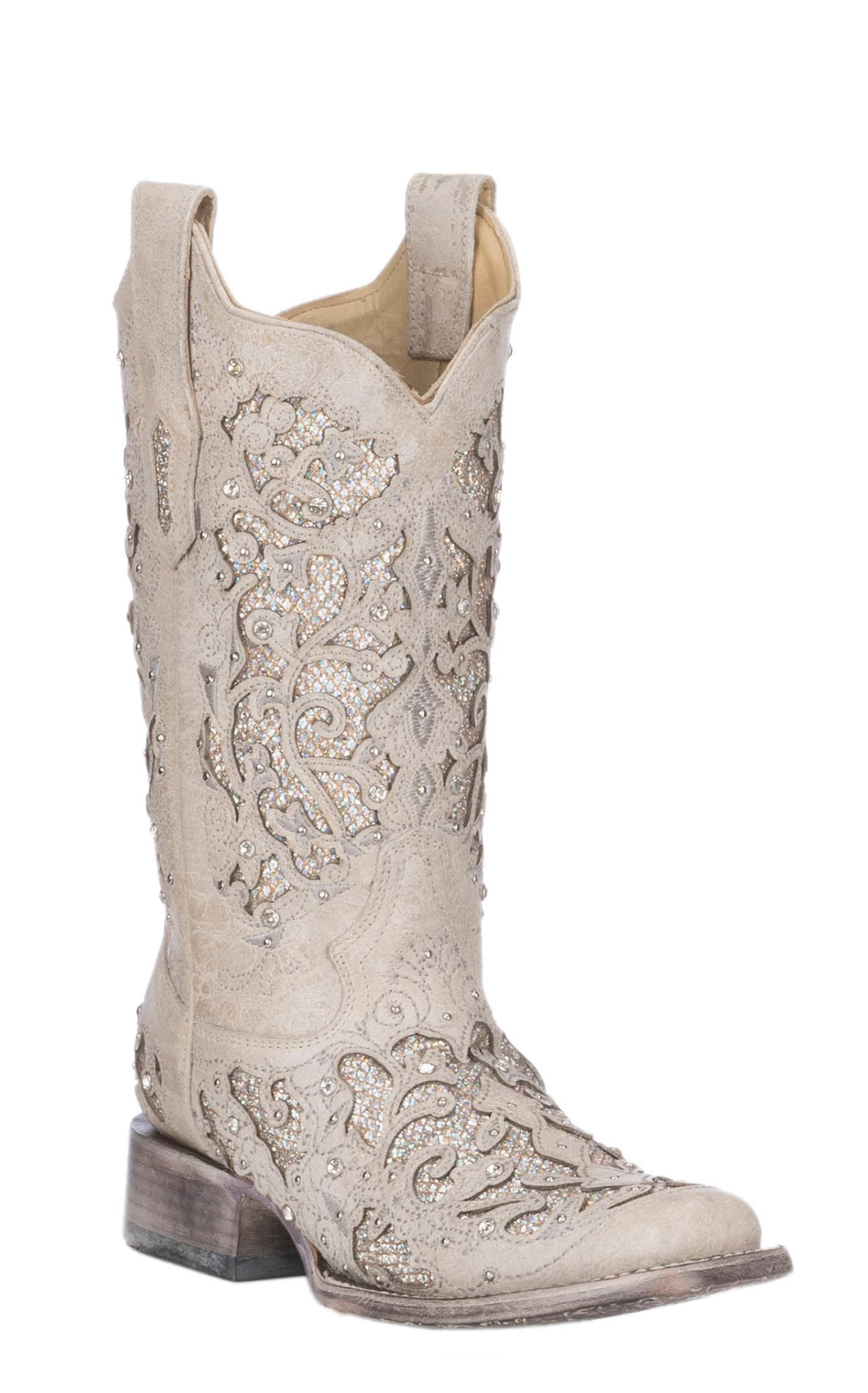 Corral Women's White with White Glitter & Crystals Inlay Wedding Square Toe Cowboy Boots - 9xB - From Cavender's | Cavender's