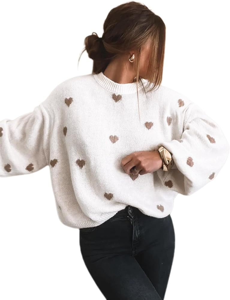 Women's Heart Sweater Crew Neck Casual Long Sleeve Love Print Ribbed Knit Sweaters Pullover Top | Amazon (US)