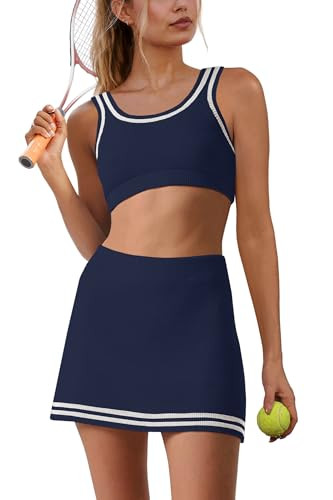 Panadila Womens 2 Piece Skirt Set Workout Outfits Tennis Skorts with Built-in Shorts and Sports Bra Gym Yoga (Navy Blue,XS) | Amazon (US)